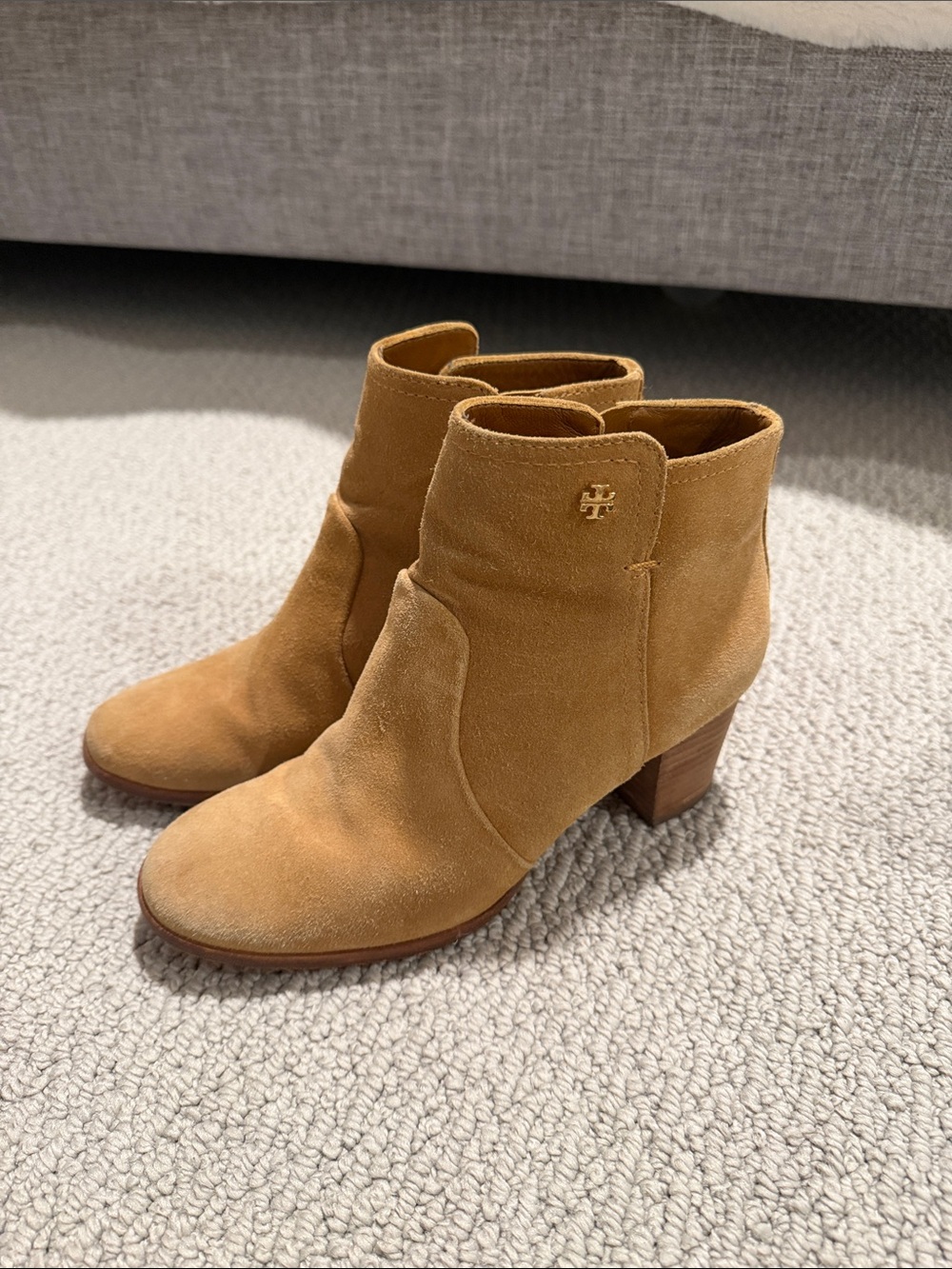 Tory Burch Tan Suede Ankle Booties with Block Heel